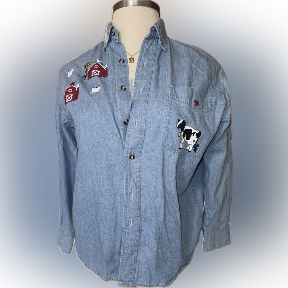 Vintage Copa Banana Denim Button Down Fun Farm‎ Mama Designs front/back